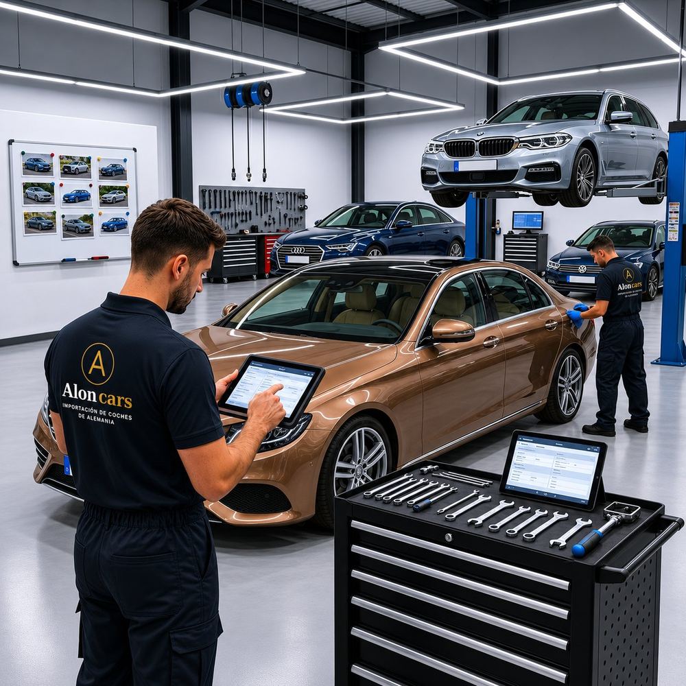 Inspección de un vehículo importado en el taller de Aloncars con equipo de diagnóstico